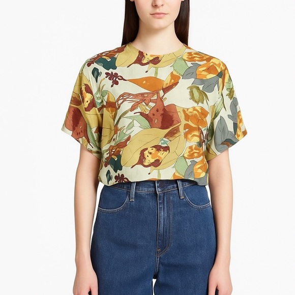 VINTAGE OSCAR DE LA RENTA Silk Fall Harvest Leaf Allover Print Short Sleeve Top - Picture 1 of 11